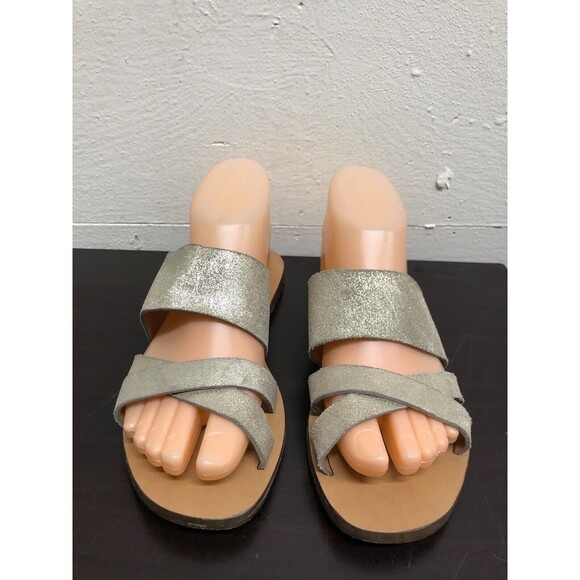 J Crew Made in Italy Women Slip On gold Leather Flat Sandals Slides shoes Size 6 - Picture 2 of 10